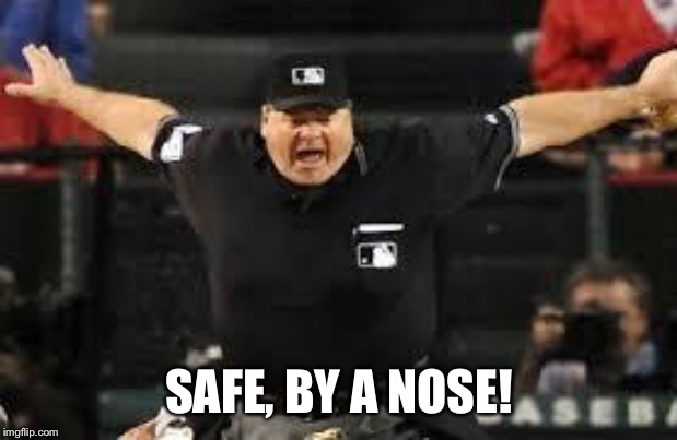 Umpire Safe | SAFE, BY A NOSE! | image tagged in umpire safe | made w/ Imgflip meme maker