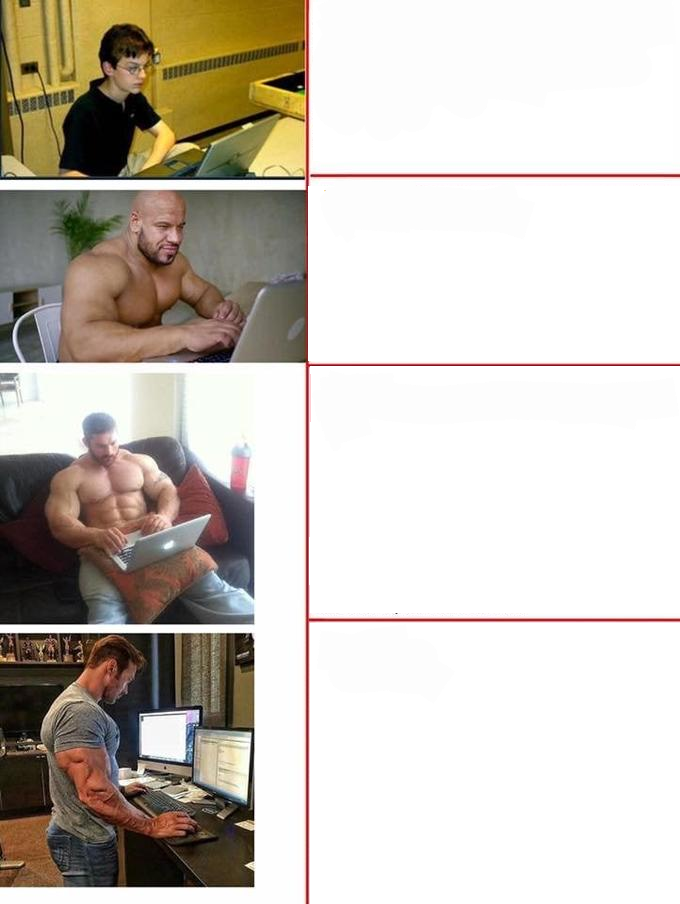 Buff dudes typing to nerdy kid Blank Meme Template