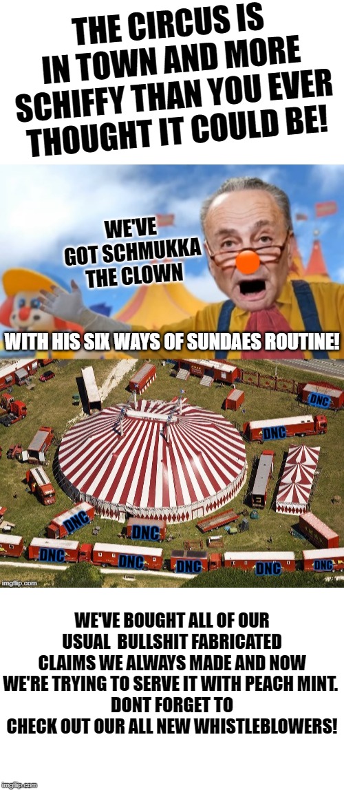 ON NOW, GET YOUR TICKETS! | THE CIRCUS IS IN TOWN AND MORE SCHIFFY THAN YOU EVER THOUGHT IT COULD BE! WE'VE GOT SCHMUKKA THE CLOWN; WITH HIS SIX WAYS OF SUNDAES ROUTINE! WE'VE BOUGHT ALL OF OUR USUAL  BULLSHIT FABRICATED CLAIMS WE ALWAYS MADE AND NOW WE'RE TRYING TO SERVE IT WITH PEACH MINT. 
DONT FORGET TO CHECK OUT OUR ALL NEW WHISTLEBLOWERS! | image tagged in blank white template,impeachment,peach mint,schmukka the clown,hey there schiffy schiffy bang bang how do you do | made w/ Imgflip meme maker