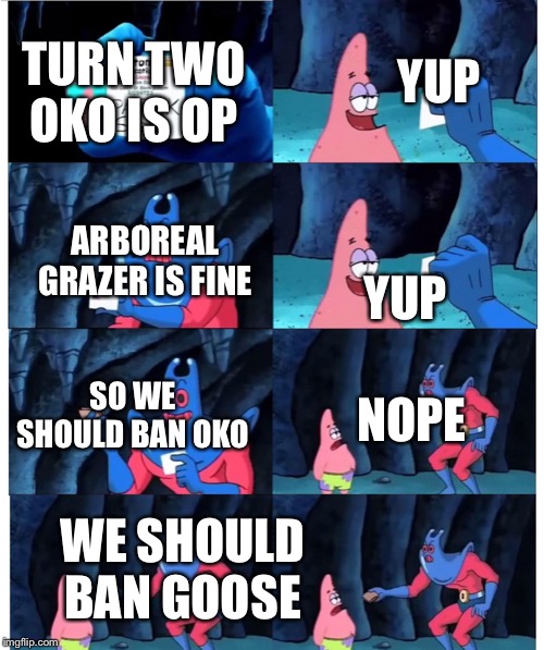 patrick not my wallet | YUP; TURN TWO OKO IS OP; YUP; ARBOREAL GRAZER IS FINE; SO WE SHOULD BAN OKO; NOPE; WE SHOULD BAN GOOSE | image tagged in patrick not my wallet | made w/ Imgflip meme maker