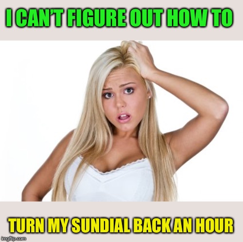 Dumb Blonde | I CAN’T FIGURE OUT HOW TO TURN MY SUNDIAL BACK AN HOUR | image tagged in dumb blonde | made w/ Imgflip meme maker