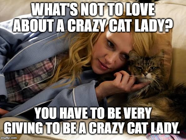 crazy cat lady | WHAT'S NOT TO LOVE ABOUT A CRAZY CAT LADY? YOU HAVE TO BE VERY GIVING TO BE A CRAZY CAT LADY. | image tagged in cats | made w/ Imgflip meme maker