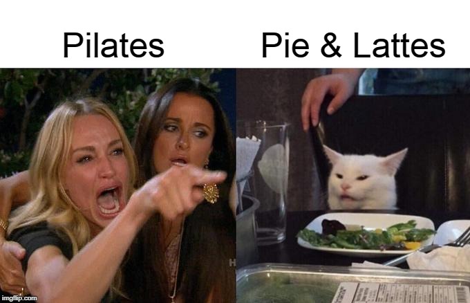 Woman Yelling At Cat Meme | Pilates; Pie & Lattes | image tagged in memes,woman yelling at cat | made w/ Imgflip meme maker