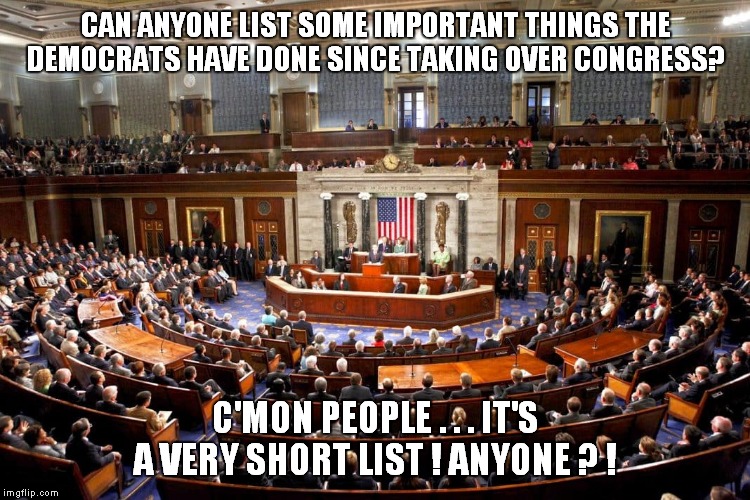 No libtards, finding new and creative ways to be obstructionists does not qualify as important! | CAN ANYONE LIST SOME IMPORTANT THINGS THE DEMOCRATS HAVE DONE SINCE TAKING OVER CONGRESS? C'MON PEOPLE . . . IT'S A VERY SHORT LIST ! ANYONE ? ! | image tagged in congress,democrats | made w/ Imgflip meme maker