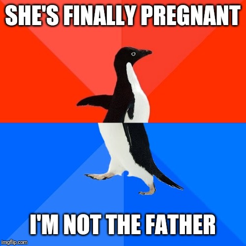 Socially Awesome Awkward Penguin Meme | SHE'S FINALLY PREGNANT; I'M NOT THE FATHER | image tagged in memes,socially awesome awkward penguin | made w/ Imgflip meme maker
