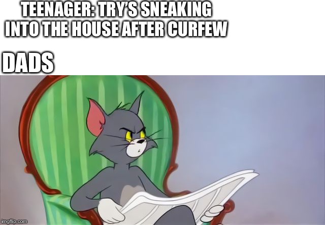 Tom Cat Reading a newspaper | TEENAGER: TRY’S SNEAKING INTO THE HOUSE AFTER CURFEW; DADS | image tagged in tom cat reading a newspaper | made w/ Imgflip meme maker