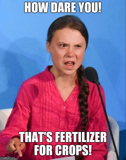 Greta Thunberg how dare you | HOW DARE YOU! THAT'S FERTILIZER FOR CROPS! | image tagged in greta thunberg how dare you | made w/ Imgflip meme maker