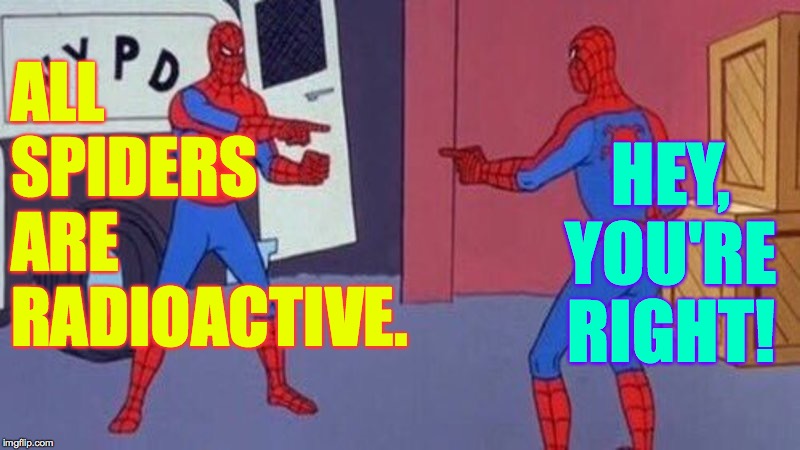 So are we  ( : | ALL
SPIDERS
ARE
RADIOACTIVE. HEY, YOU'RE RIGHT! | image tagged in spiderman pointing at spiderman,memes,radioactive | made w/ Imgflip meme maker