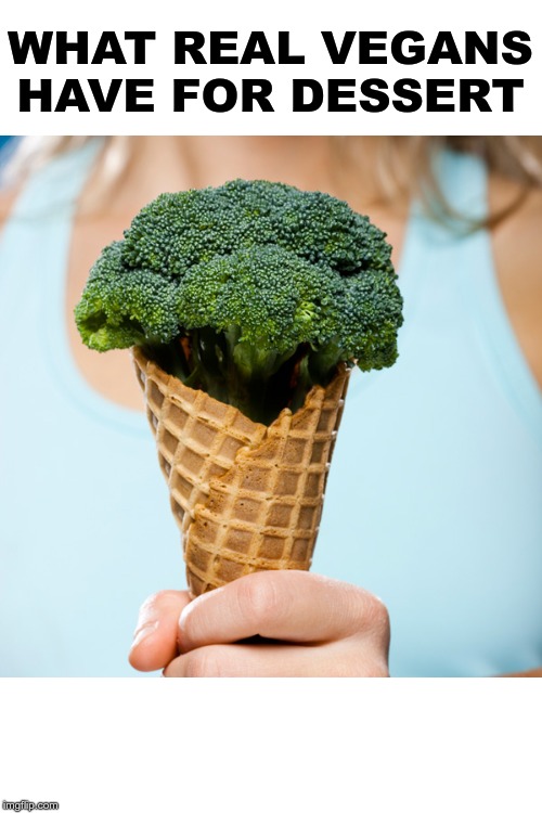 What real vegans have for dessert | WHAT REAL VEGANS HAVE FOR DESSERT | image tagged in vegans,ice cream,broccoli,health food | made w/ Imgflip meme maker