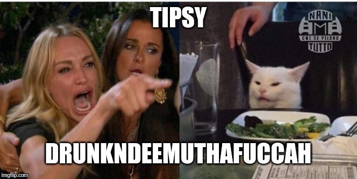 white cat table | TIPSY; DRUNKNDEEMUTHAFUCCAH | image tagged in white cat table | made w/ Imgflip meme maker