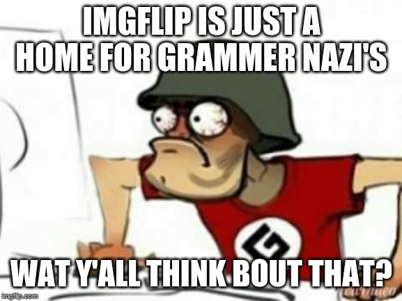See no one cares | IMGFLIP IS JUST A HOME FOR GRAMMER NAZI'S; WAT Y'ALL THINK BOUT THAT? | image tagged in grammer nazi,imgflip,sometimes the misspelled words are part of the meme,get over yourselves,you peeked in elementary schoollime | made w/ Imgflip meme maker