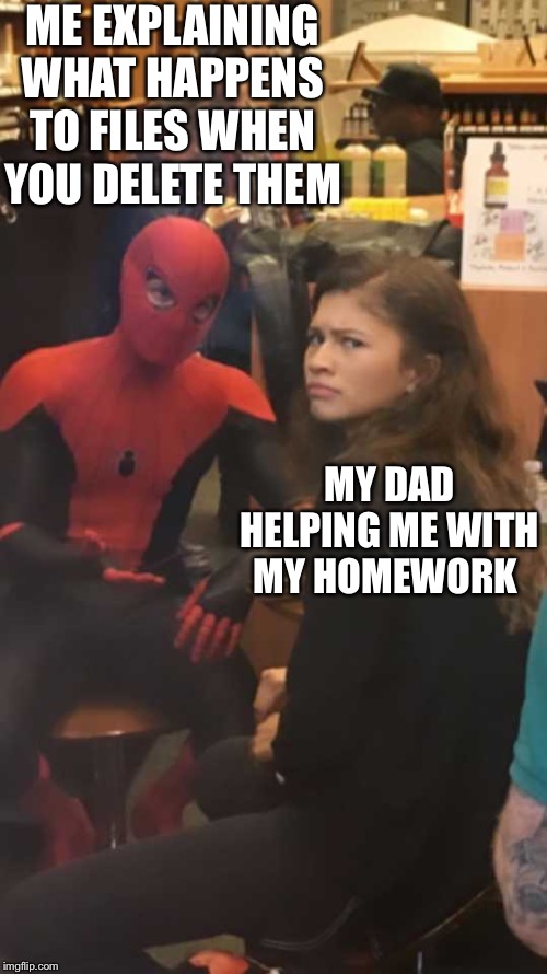 Perplexed zendaya | ME EXPLAINING WHAT HAPPENS TO FILES WHEN YOU DELETE THEM; MY DAD HELPING ME WITH MY HOMEWORK | image tagged in perplexed zendaya | made w/ Imgflip meme maker