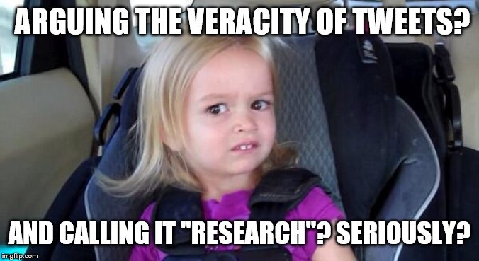 wtf girl | ARGUING THE VERACITY OF TWEETS? AND CALLING IT "RESEARCH"? SERIOUSLY? | image tagged in wtf girl | made w/ Imgflip meme maker