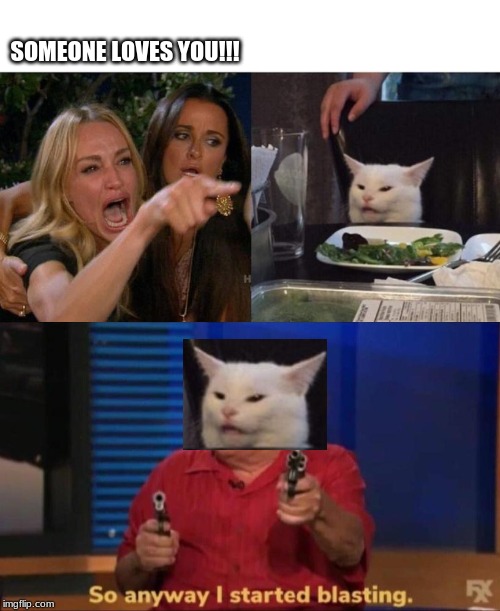 SOMEONE LOVES YOU!!! | image tagged in memes,woman yelling at cat,so anyway i started blasting | made w/ Imgflip meme maker