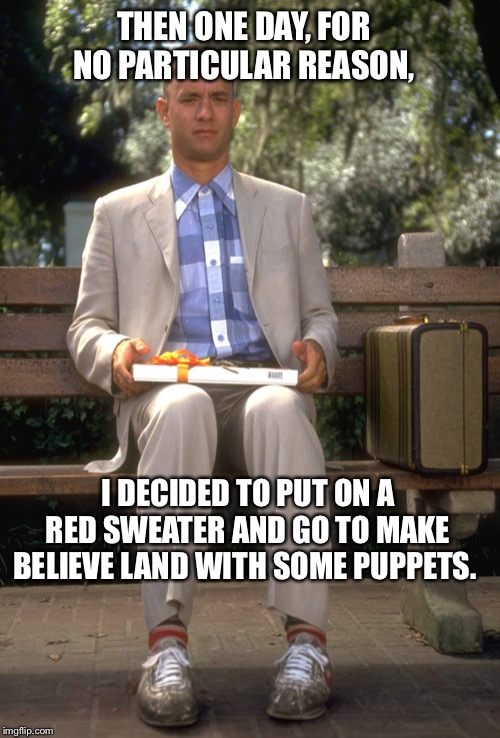 Forrest Gump | THEN ONE DAY, FOR NO PARTICULAR REASON, I DECIDED TO PUT ON A RED SWEATER AND GO TO MAKE BELIEVE LAND WITH SOME PUPPETS. | image tagged in forrest gump | made w/ Imgflip meme maker