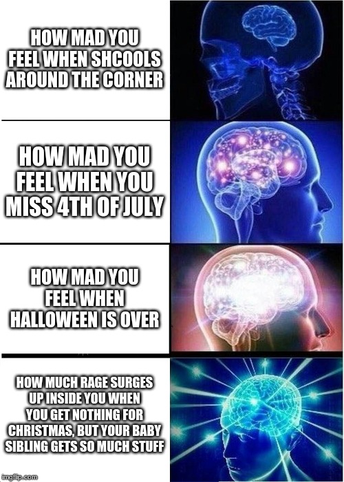 Expanding Brain Meme | HOW MAD YOU FEEL WHEN SHCOOLS AROUND THE CORNER; HOW MAD YOU FEEL WHEN YOU MISS 4TH OF JULY; HOW MAD YOU FEEL WHEN HALLOWEEN IS OVER; HOW MUCH RAGE SURGES UP INSIDE YOU WHEN YOU GET NOTHING FOR CHRISTMAS, BUT YOUR BABY SIBLING GETS SO MUCH STUFF | image tagged in memes,expanding brain | made w/ Imgflip meme maker