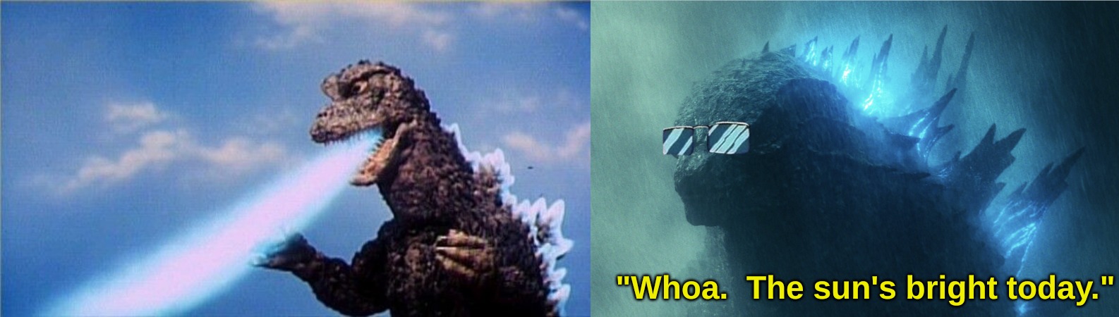 Tourette syndrome Godzilla | "Whoa.  The sun's bright today." | image tagged in memes,thug life | made w/ Imgflip meme maker
