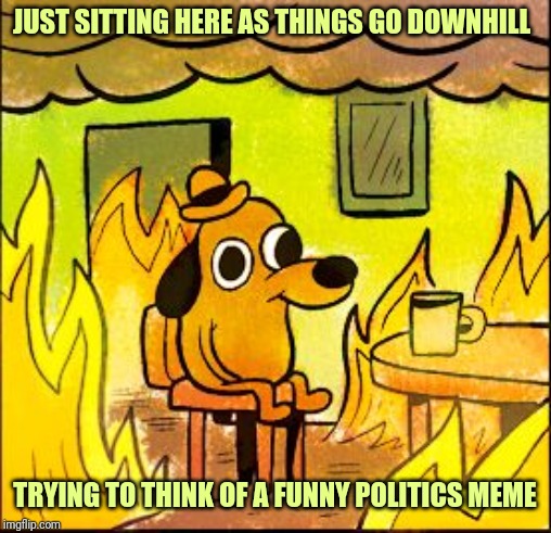 This is fine | JUST SITTING HERE AS THINGS GO DOWNHILL; TRYING TO THINK OF A FUNNY POLITICS MEME | image tagged in this is fine | made w/ Imgflip meme maker