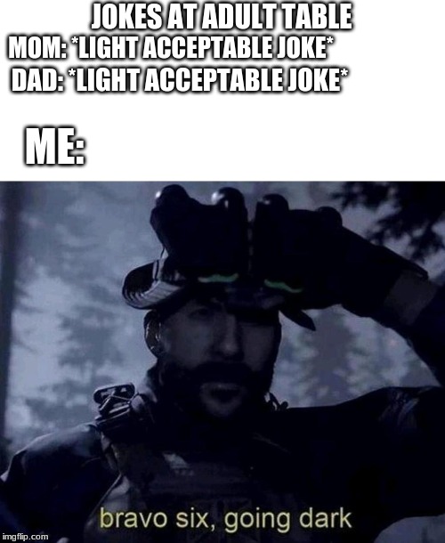 Adult table | JOKES AT ADULT TABLE; MOM: *LIGHT ACCEPTABLE JOKE*; DAD: *LIGHT ACCEPTABLE JOKE*; ME: | image tagged in memes,fun,funny memes | made w/ Imgflip meme maker