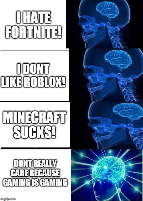 Expanding Brain Meme | I HATE FORTNITE! I DONT LIKE ROBLOX! MINECRAFT SUCKS! DONT REALLY CARE BECAUSE GAMING IS GAMING | image tagged in memes,expanding brain | made w/ Imgflip meme maker