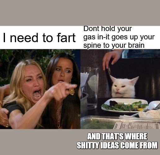 Woman Yelling At Cat Meme | Dont hold your gas in-it goes up your spine to your brain; I need to fart; AND THAT'S WHERE SHITTY IDEAS COME FROM | image tagged in memes,woman yelling at cat | made w/ Imgflip meme maker