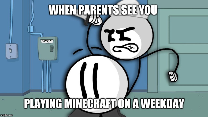 PArents hate minecraft | WHEN PARENTS SEE YOU; PLAYING MINECRAFT ON A WEEKDAY | image tagged in bruh | made w/ Imgflip meme maker