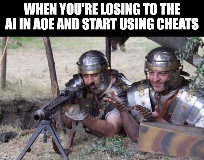 How do you turn this on?! | WHEN YOU'RE LOSING TO THE AI IN AOE AND START USING CHEATS | image tagged in age of empires,microsoft games,forgotten empires,game cheats,wololo | made w/ Imgflip meme maker