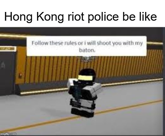 follow these rules or i will shoot you with my baton. | Hong Kong riot police be like | image tagged in hong kong,protest,riots,funny,memes | made w/ Imgflip meme maker