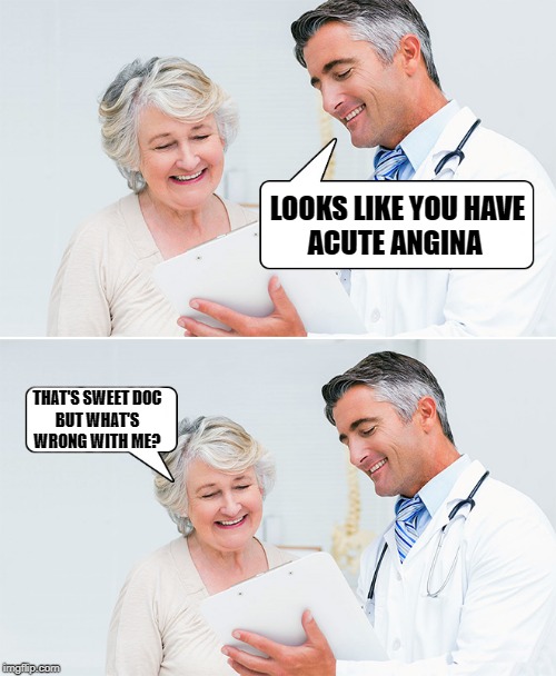 listen carefully | LOOKS LIKE YOU HAVE
ACUTE ANGINA; THAT'S SWEET DOC
BUT WHAT'S WRONG WITH ME? | image tagged in doctor,angina | made w/ Imgflip meme maker