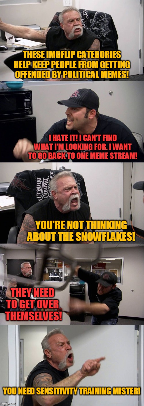 American Chopper Argument Meme | THESE IMGFLIP CATEGORIES HELP KEEP PEOPLE FROM GETTING OFFENDED BY POLITICAL MEMES! I HATE IT! I CAN'T FIND WHAT I'M LOOKING FOR. I WANT TO GO BACK TO ONE MEME STREAM! YOU'RE NOT THINKING ABOUT THE SNOWFLAKES! THEY NEED TO GET OVER  THEMSELVES! YOU NEED SENSITIVITY TRAINING MISTER! | image tagged in memes,american chopper argument,political memes,imgflip,overly sensitive,imgflip users | made w/ Imgflip meme maker