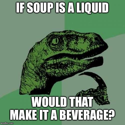 Philosoraptor | IF SOUP IS A LIQUID; WOULD THAT MAKE IT A BEVERAGE? | image tagged in memes,philosoraptor | made w/ Imgflip meme maker