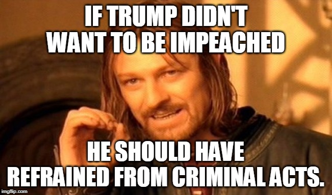 Grownups take responsibility for their actions. Not these everlasting whining alibis. | IF TRUMP DIDN'T WANT TO BE IMPEACHED HE SHOULD HAVE REFRAINED FROM CRIMINAL ACTS. | image tagged in memes,one does not simply | made w/ Imgflip meme maker