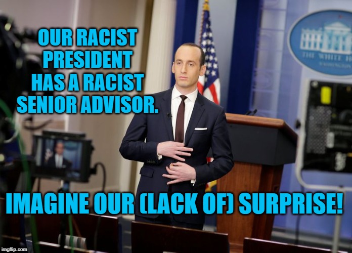 Stephen Miller
Presidential Advisor | OUR RACIST PRESIDENT HAS A RACIST SENIOR ADVISOR. IMAGINE OUR (LACK OF) SURPRISE! | image tagged in politics | made w/ Imgflip meme maker
