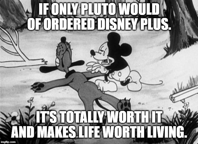 Mickey Mouse with dead Pluto | IF ONLY PLUTO WOULD OF ORDERED DISNEY PLUS. IT'S TOTALLY WORTH IT AND MAKES LIFE WORTH LIVING. | image tagged in mickey mouse with dead pluto | made w/ Imgflip meme maker