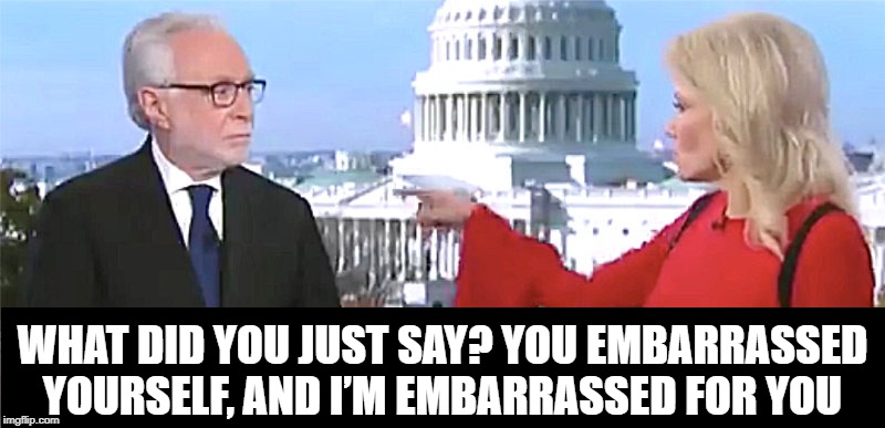 Wold Blitzer Kellyanne Conway What did you just say? you embarrassed yourself, and I’m embarrassed for you | WHAT DID YOU JUST SAY? YOU EMBARRASSED YOURSELF, AND I’M EMBARRASSED FOR YOU | image tagged in wolf blitzer,kellyanne conway,cnn fake news,embarrassed,disrespect | made w/ Imgflip meme maker