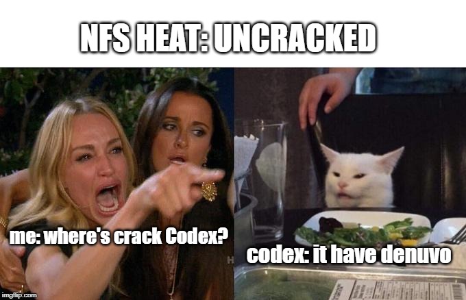 Woman Yelling At Cat Meme | NFS HEAT: UNCRACKED; me: where's crack Codex? codex: it have denuvo | image tagged in memes,woman yelling at cat | made w/ Imgflip meme maker