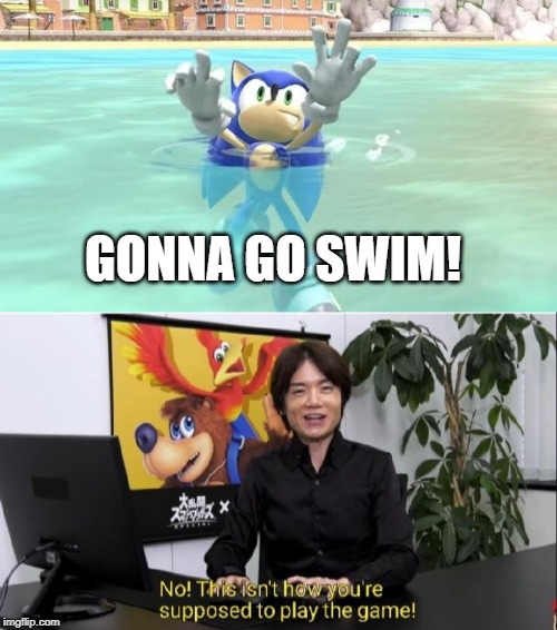 heh | GONNA GO SWIM! | image tagged in this isn't how you're supposed to play the game,super smash bros,sonic the hedgehog,swimming | made w/ Imgflip meme maker