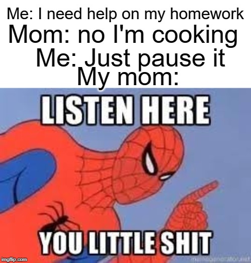 Mom, just pause your cooking like you tell me to pause my video games | Mom: no I'm cooking; Me: I need help on my homework; Me: Just pause it; My mom: | image tagged in now listen here you little shit,mom,funny,memes,cooking,homework | made w/ Imgflip meme maker