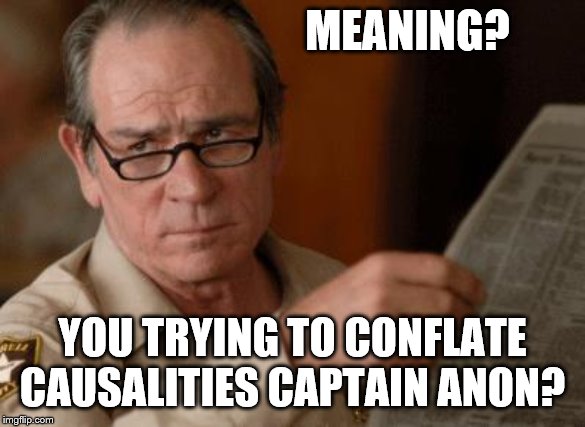 Tommy Lee Jones | MEANING? YOU TRYING TO CONFLATE CAUSALITIES CAPTAIN ANON? | image tagged in tommy lee jones | made w/ Imgflip meme maker