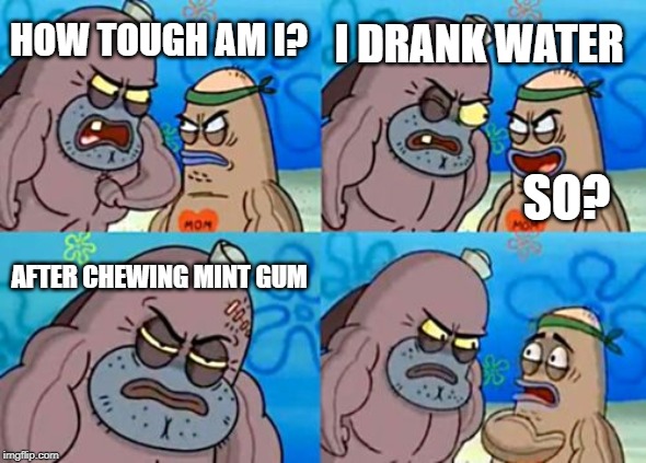 How Tough Are You Meme | I DRANK WATER; HOW TOUGH AM I? SO? AFTER CHEWING MINT GUM | image tagged in memes,how tough are you | made w/ Imgflip meme maker