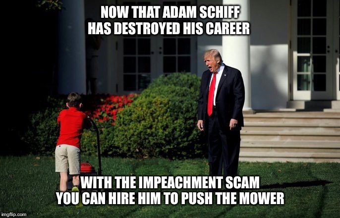 Trump Lawn Mower | NOW THAT ADAM SCHIFF HAS DESTROYED HIS CAREER; WITH THE IMPEACHMENT SCAM YOU CAN HIRE HIM TO PUSH THE MOWER | image tagged in trump lawn mower | made w/ Imgflip meme maker