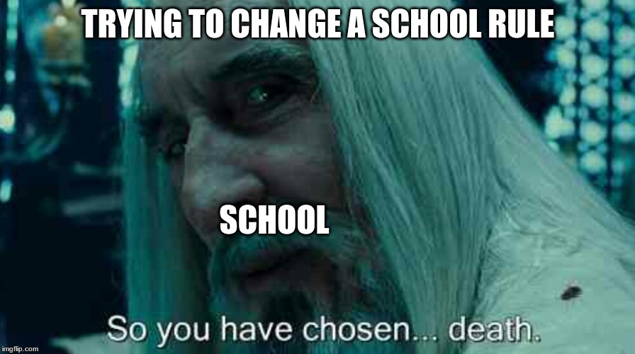 So you have chosen death | TRYING TO CHANGE A SCHOOL RULE; SCHOOL | image tagged in so you have chosen death | made w/ Imgflip meme maker