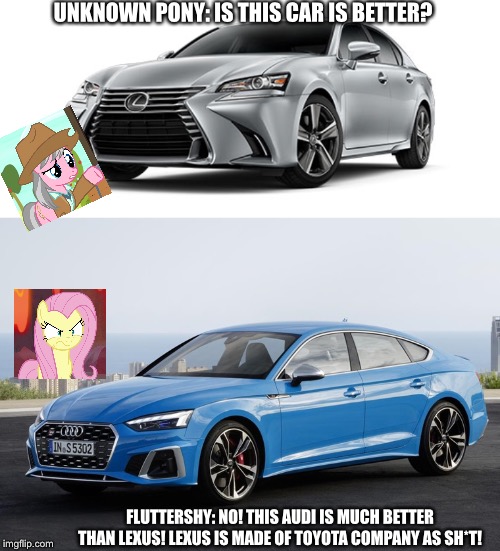 Fluttershy picks the new 2020 Audi s5 Sportback better than Lexus GS as sh*t! | UNKNOWN PONY: IS THIS CAR IS BETTER? FLUTTERSHY: NO! THIS AUDI IS MUCH BETTER THAN LEXUS! LEXUS IS MADE OF TOYOTA COMPANY AS SH*T! | image tagged in audi,lexus,fluttershy,mlp fim | made w/ Imgflip meme maker