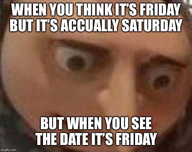 gru meme | WHEN YOU THINK IT’S FRIDAY BUT IT’S ACCUALLY SATURDAY; BUT WHEN YOU SEE THE DATE IT’S FRIDAY | image tagged in gru meme | made w/ Imgflip meme maker