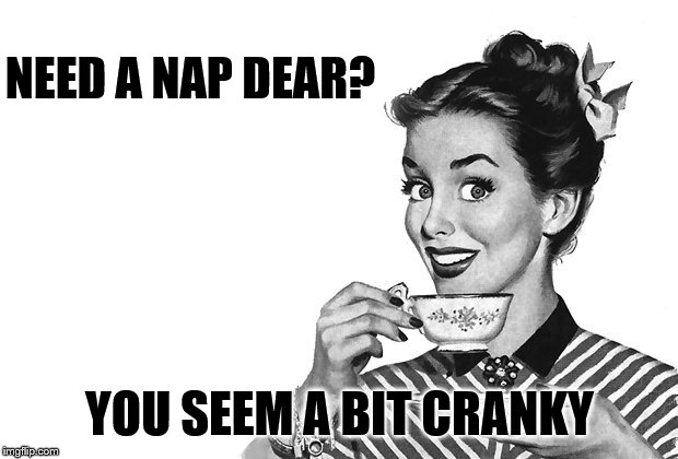 1950s Housewife | NEED A NAP DEAR? YOU SEEM A BIT CRANKY | image tagged in 1950s housewife | made w/ Imgflip meme maker