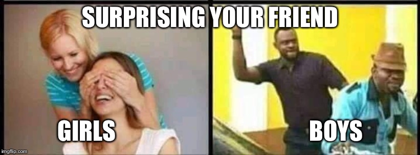 Surprise | SURPRISING YOUR FRIEND; GIRLS                                           BOYS | image tagged in surprised your friends,slap,memes | made w/ Imgflip meme maker
