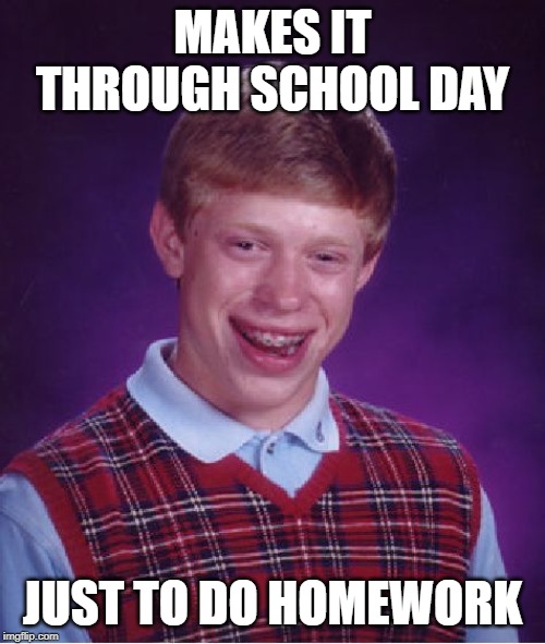 Bad Luck Brian Meme | MAKES IT THROUGH SCHOOL DAY; JUST TO DO HOMEWORK | image tagged in memes,bad luck brian | made w/ Imgflip meme maker