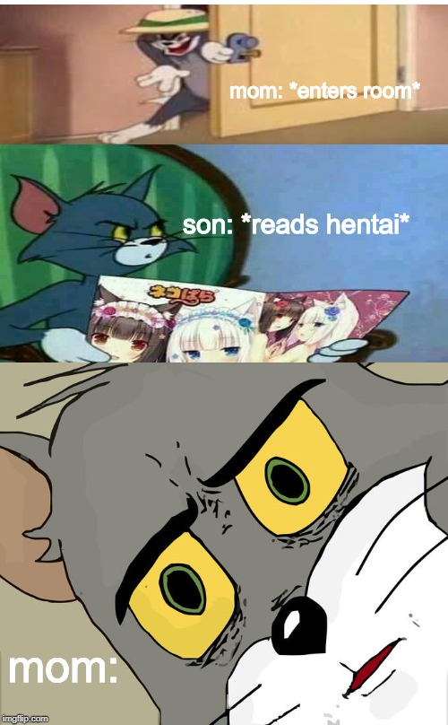 Unsettled Tom | mom: *enters room*; son: *reads hentai*; mom: | image tagged in memes,unsettled tom | made w/ Imgflip meme maker