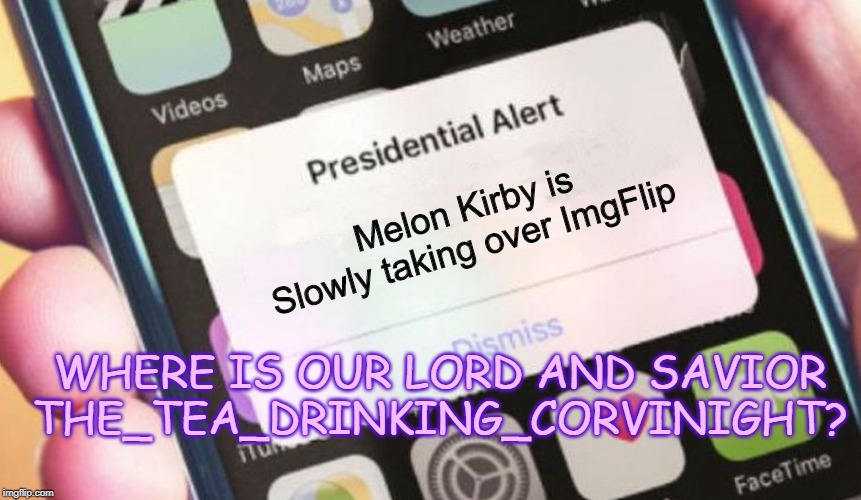 We need a leader to continue doing... whatever him and I have been doing. (But most likely him.) | Melon Kirby is Slowly taking over ImgFlip; WHERE IS OUR LORD AND SAVIOR THE_TEA_DRINKING_CORVINIGHT? | image tagged in memes,presidential alert | made w/ Imgflip meme maker