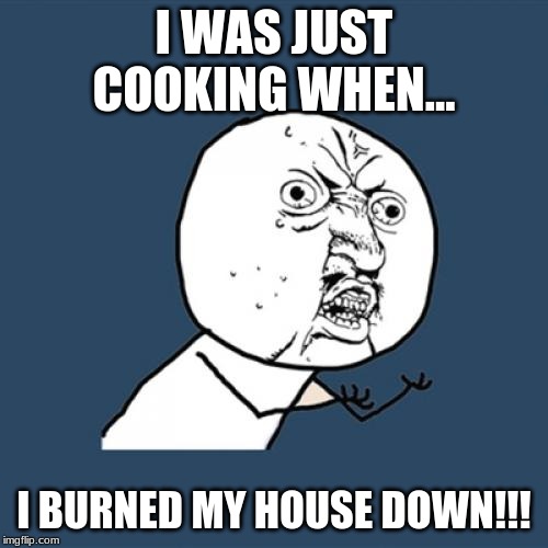 Y U No Meme | I WAS JUST COOKING WHEN... I BURNED MY HOUSE DOWN!!! | image tagged in memes,y u no | made w/ Imgflip meme maker